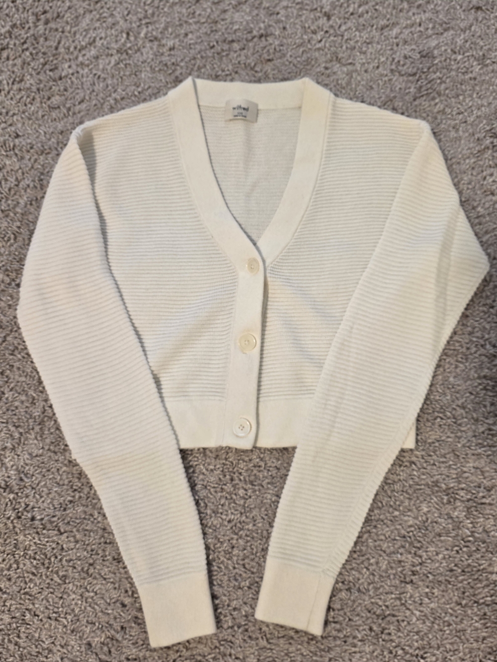 Aritzia Wilfred -Cream Ribbed V‑Neck Button Front Cropped Sweater Cardigan